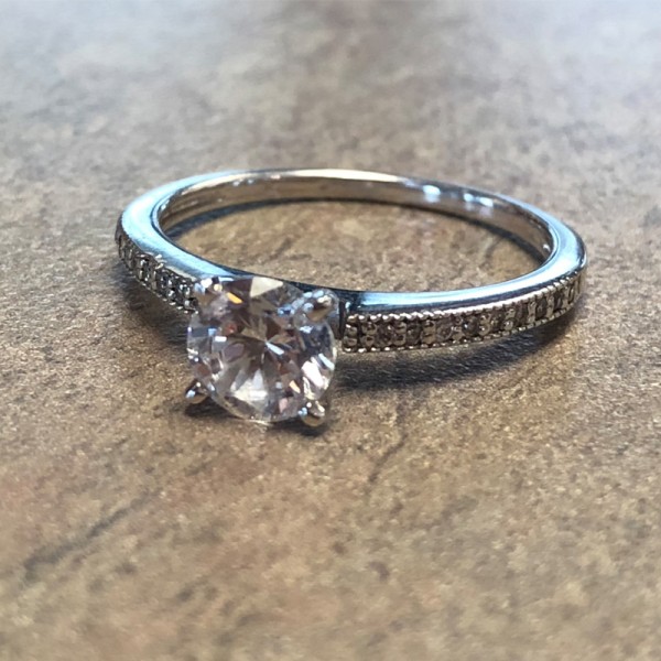 14K White Gold Round Diamond Engagement Ring with Diamond Accents